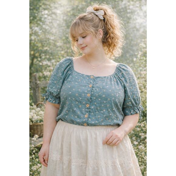 LC Lauren Conrad Tops - LC Lauren Conrad Teal Floral Puff Sleeve Button Front Top